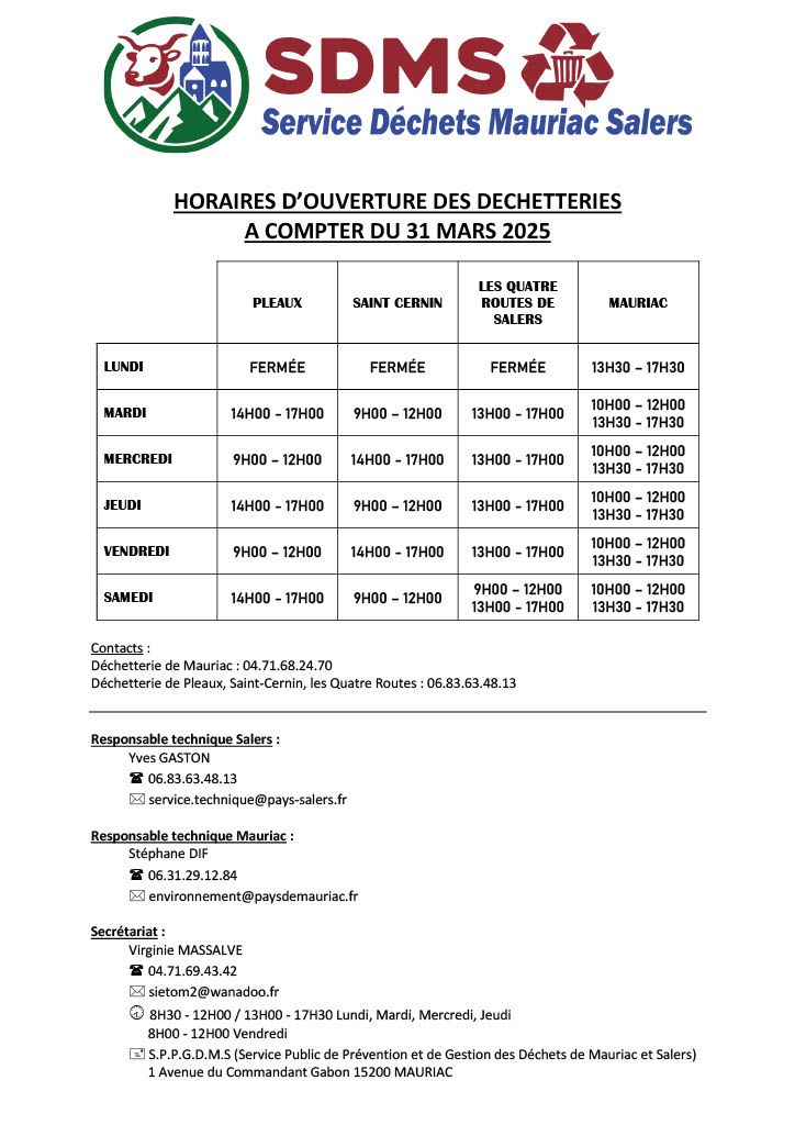 Déchèteries du Pays de Salers - Nouveaux horaires